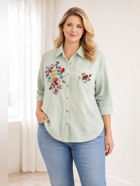 Victoria Jones Size 20 Green White Stripe Embroidered Floral Button Down Shirt